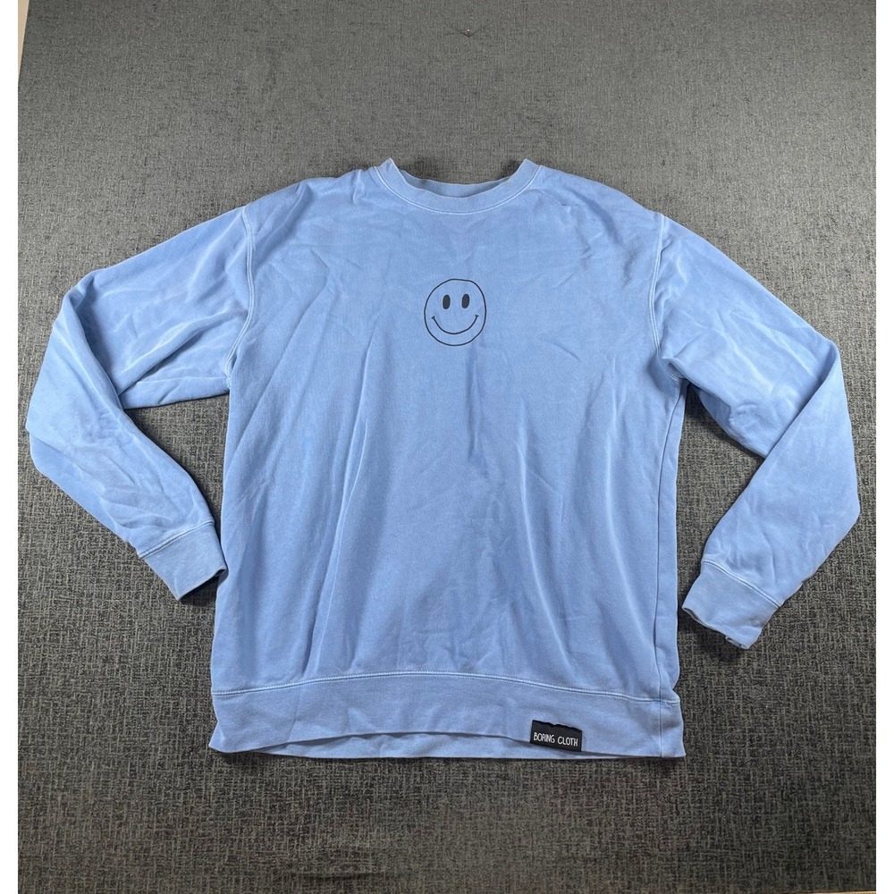 Boring Cloth Mens Large Blue Smiley Face Graphic Crewneck Sweatshirt Carolinas